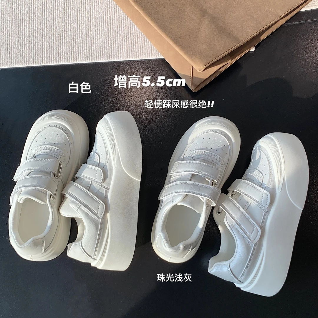 原小白白 增高6cm_厚底魔术贴板鞋真皮小白鞋女春夏新款
