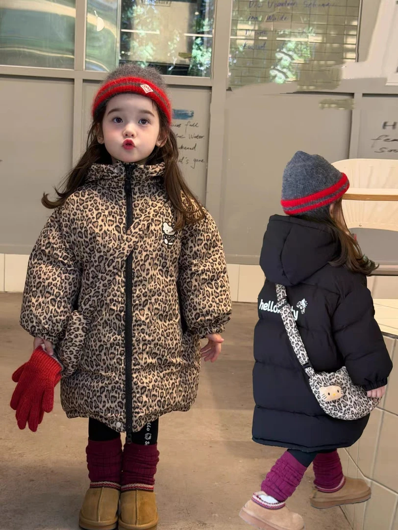 韩国童装25冬季新款女童棉衣小童韩版豹纹两面穿挎包加厚棉服外套