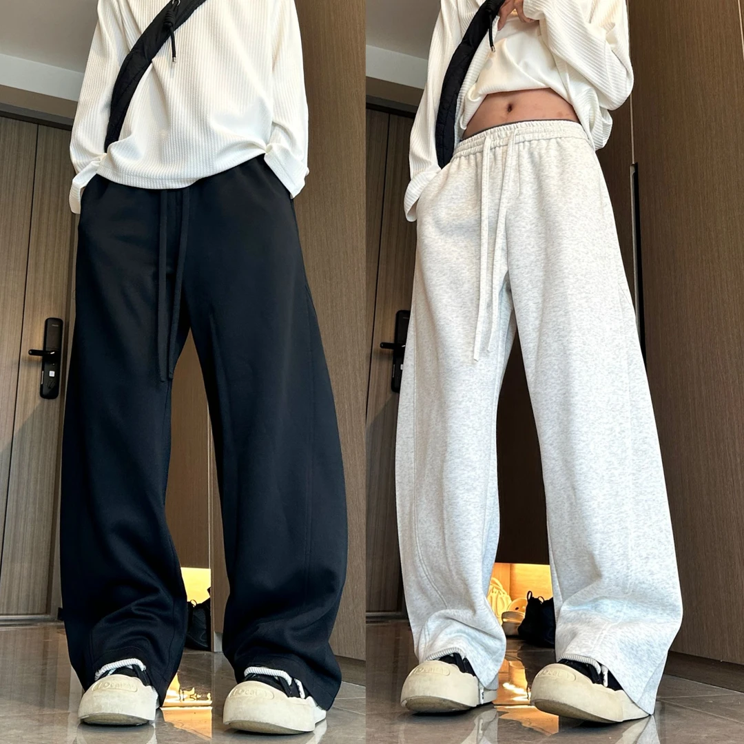 美式潮牌重磅弯刀裤子男秋冬加绒宽松休闲直筒阔腿裤运动抽绳卫裤