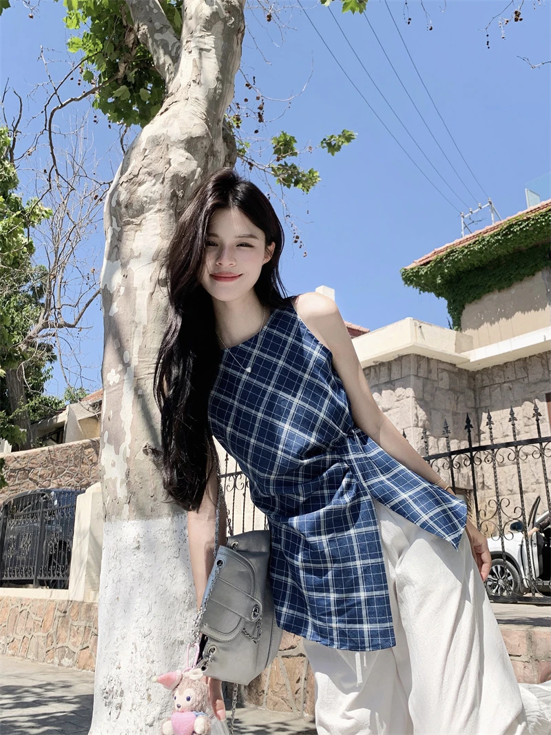 蓝格背心复古撞色格纹无袖背心女夏季气质不规则吊带背心上衣时尚