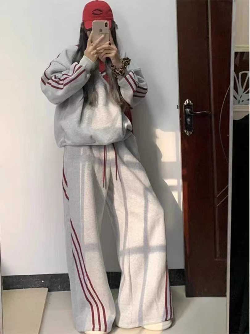 大码胖MM春秋运动卫衣外套上衣➕阔腿裤两件套高级感套装显瘦辣妹