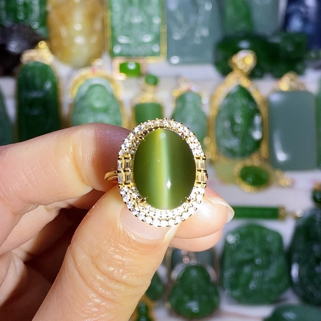 和田玉一线天猫颈饰银S925镶嵌