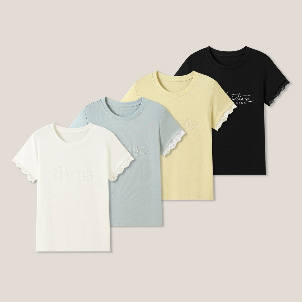 字母钉珠蕾丝拼接袖时尚潮流百搭短袖T恤JM26206