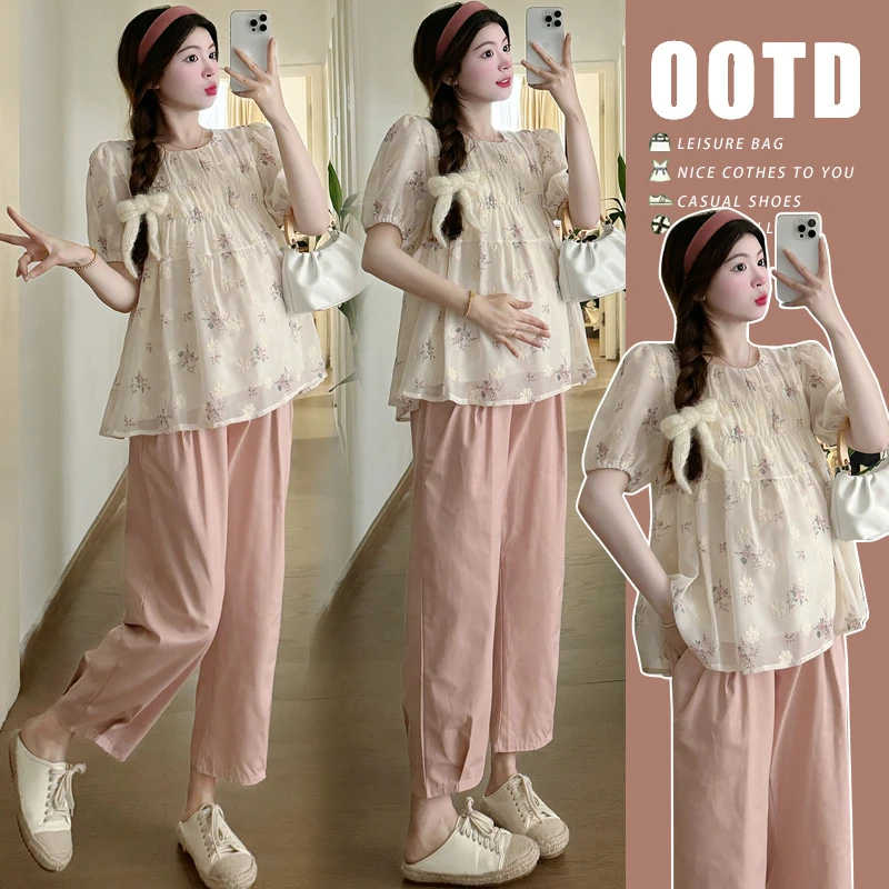 2025夏季宽松甜美碎花温柔薄款娃娃衫+休闲工装裤孕妇装两件套装