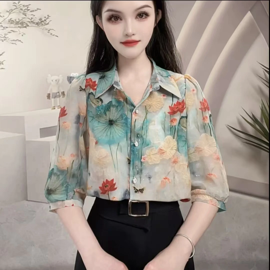 2025夏季新款百搭衬衫3D夏季法式印花拼接衬衫印花设计感钩花女装
