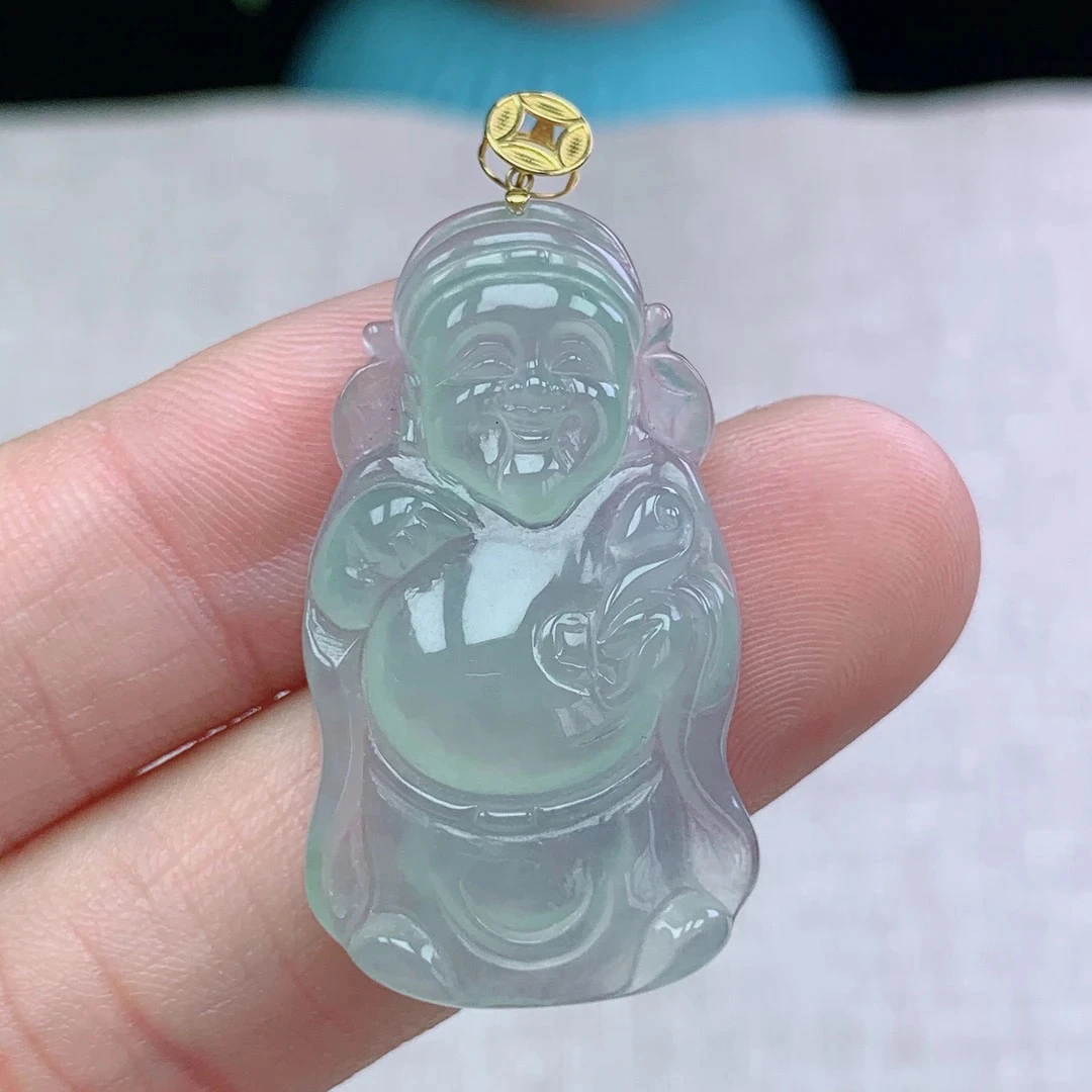 l缅甸天然翡翠A货34.9-19.5-5.3玉石冰种白冰财神爷吊坠礼物冰透