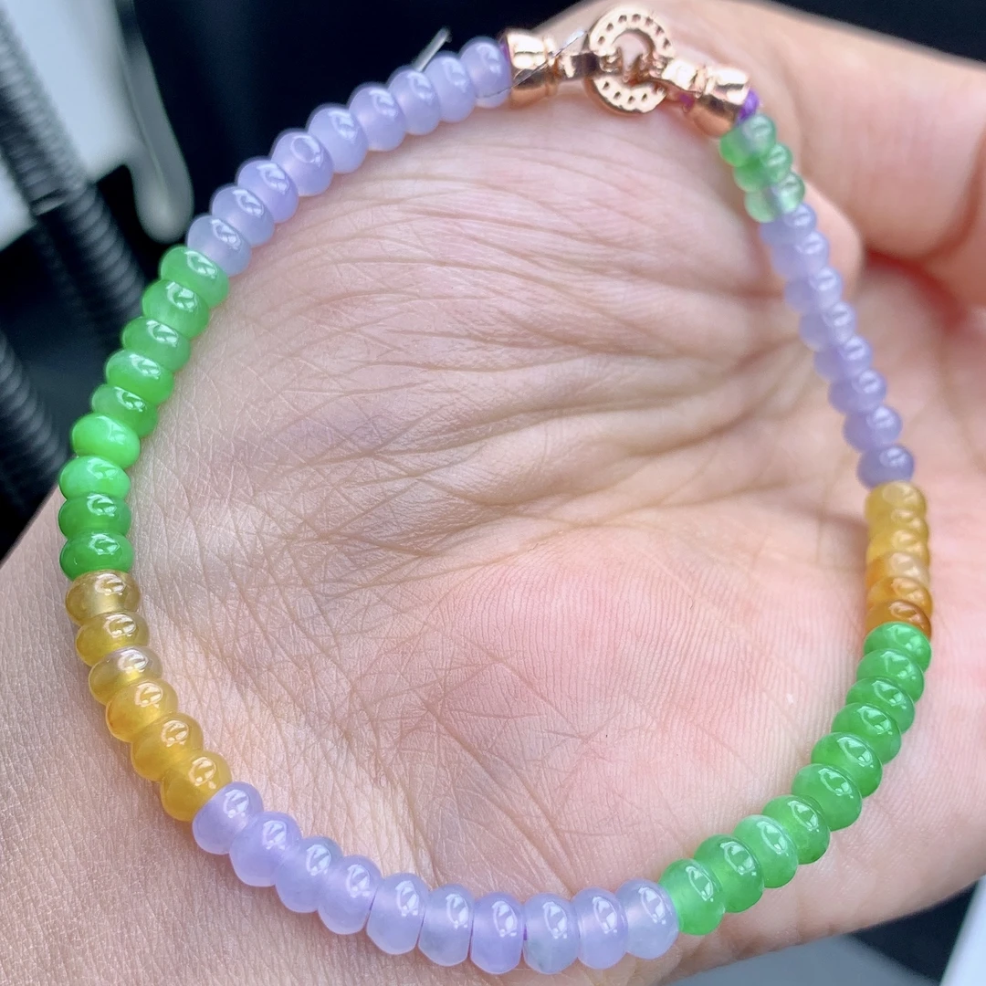缅甸A货翡翠彩虹多宝马卡龙算盘珠手链手串单圈T卡4.4mm