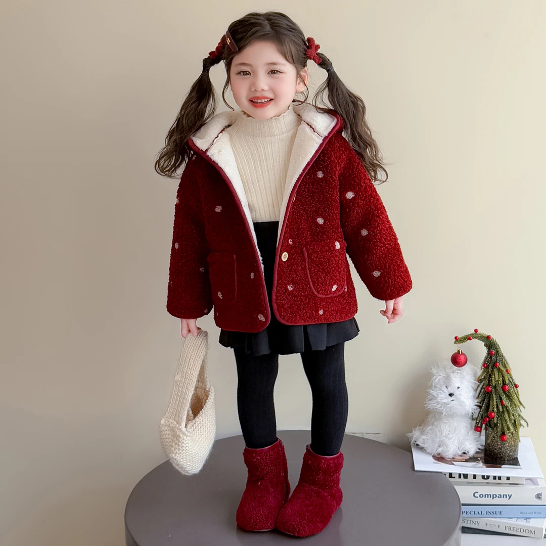 女童加绒外套秋冬款2025新款宝宝儿童冬装厚夹棉皮毛一体红色上衣