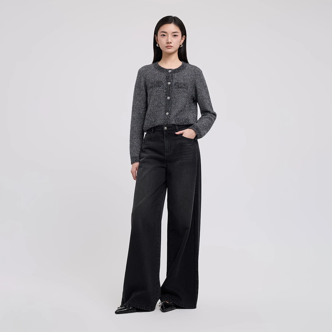 【专柜款牛仔裤】25年春季新款黑灰色复古高腰阔腿牛仔裤8802