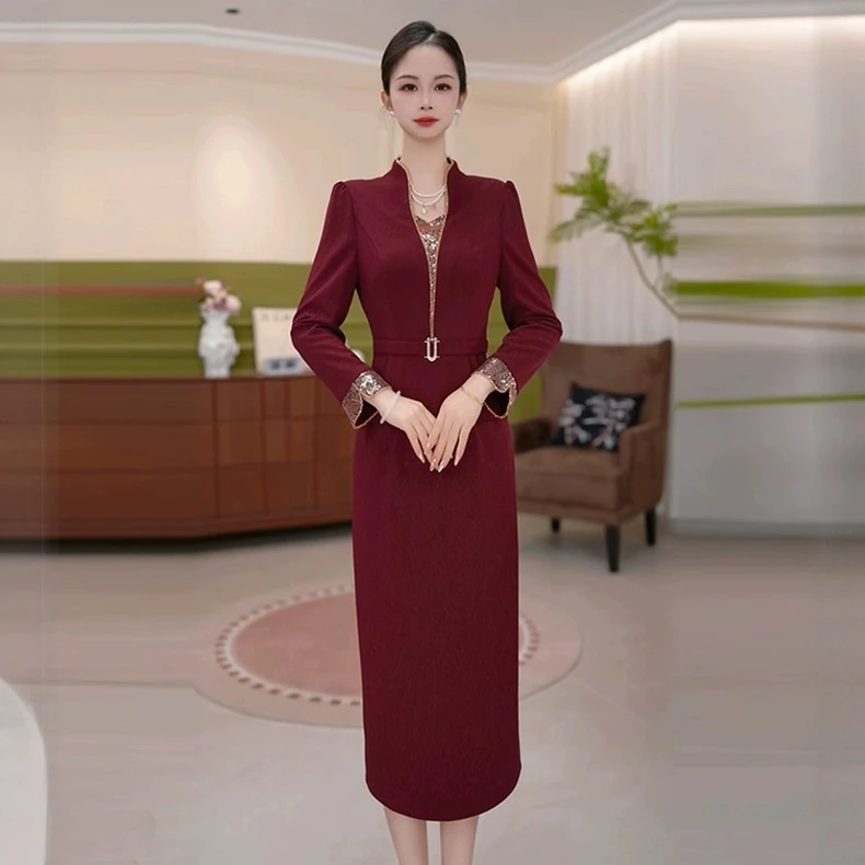 高级莱雅精纺时尚气质高贵假两件礼服裙2025秋季新款减龄百搭裙子