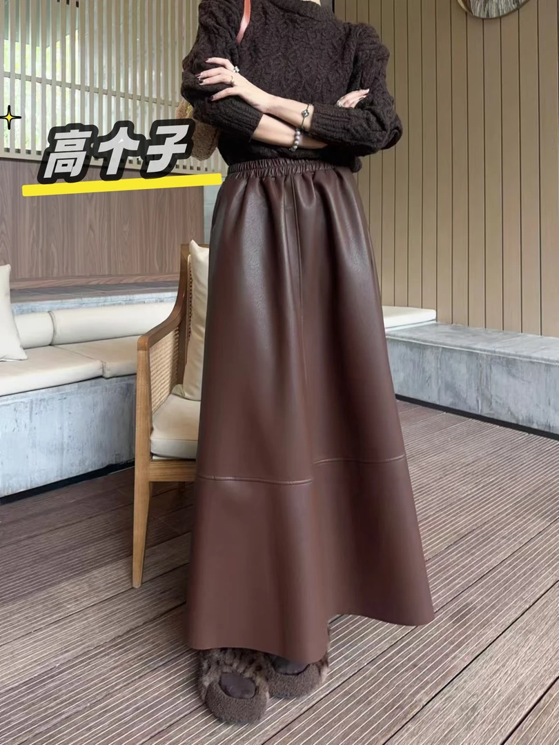 裙长100高个子超长法式慵懒PU皮裙秋冬简约A字大裙摆半身裙