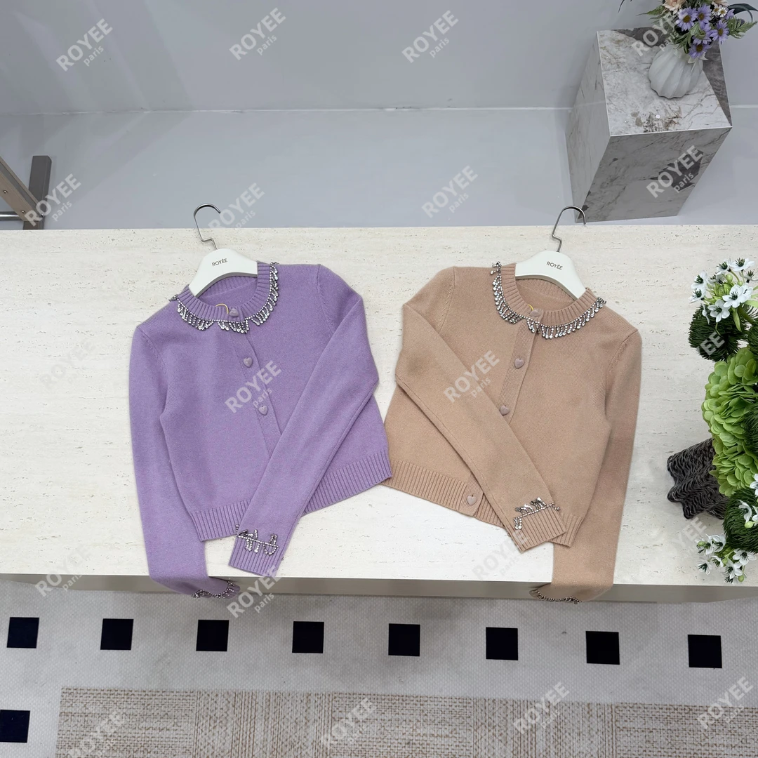 【流萤星梦】温柔甜美知性风圆领水钻链设计针织开衫上衣女RY1792