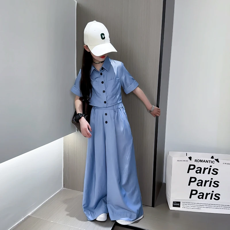 高级感蓝色短袖套装女童2025新款夏季显瘦上衣垂感阔腿裤两件套
