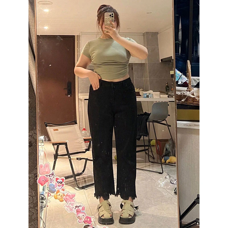 特大码女装黑色直筒牛仔裤女2025秋季新款胖mm高腰显瘦弹力九分裤