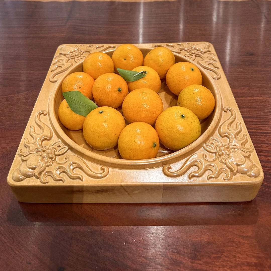 椴木五福托盘原木果盘茶盘木制雕花中式置物客厅茶室尺寸:30*30*4