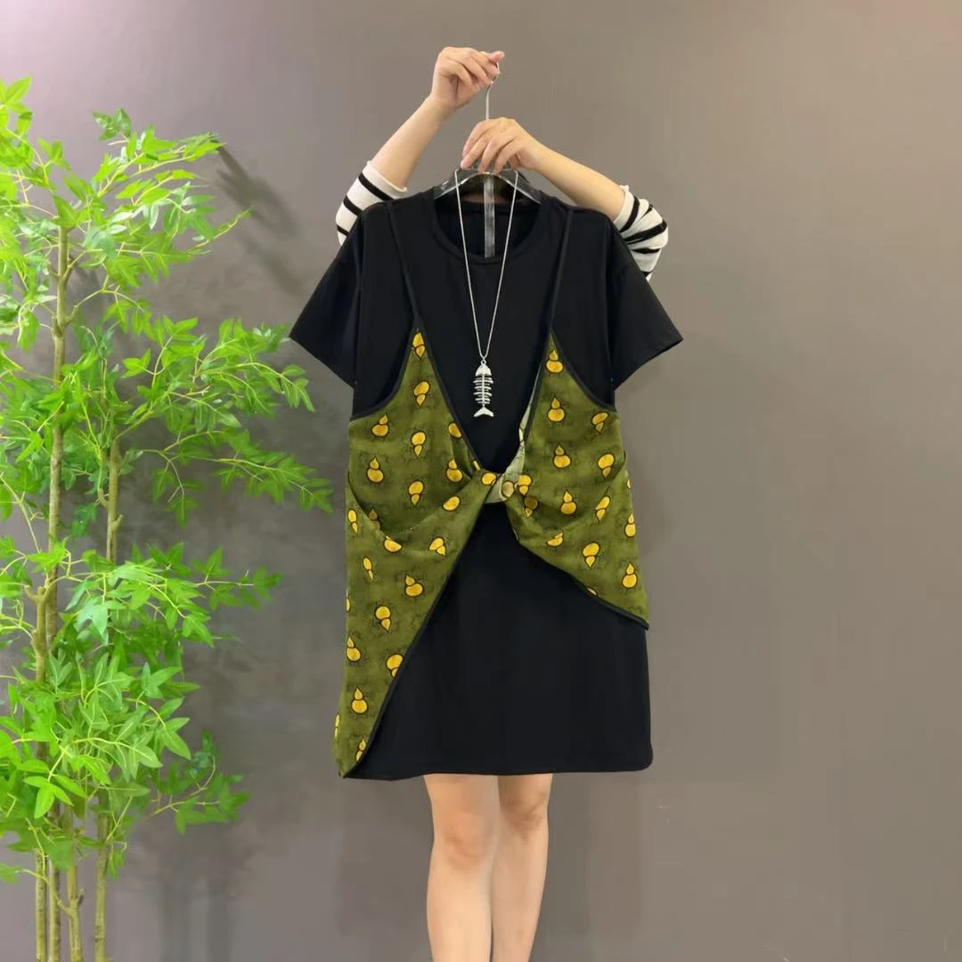 5238欧货新款复古印花时尚吊带设计感假两件连衣裙大码遮肉大衫裙