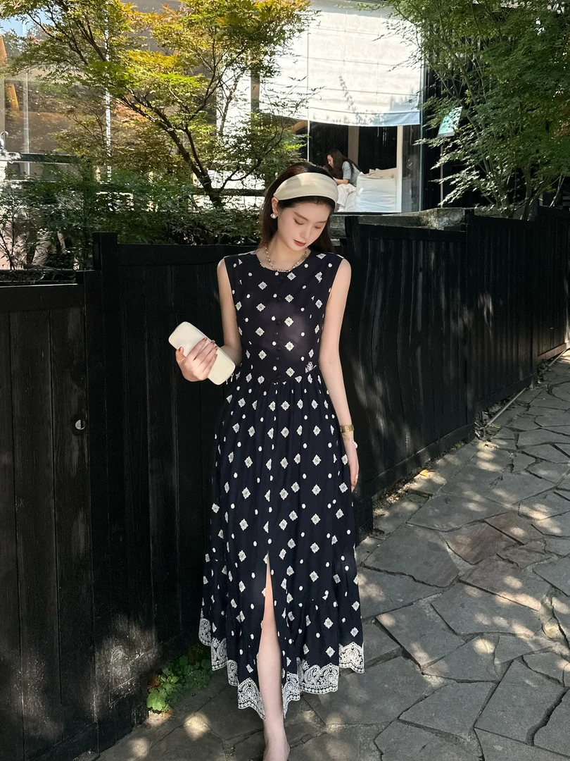 LUOZHIYIN/罗知音D113013F方领中长裙无袖夏法式时尚气质连衣裙