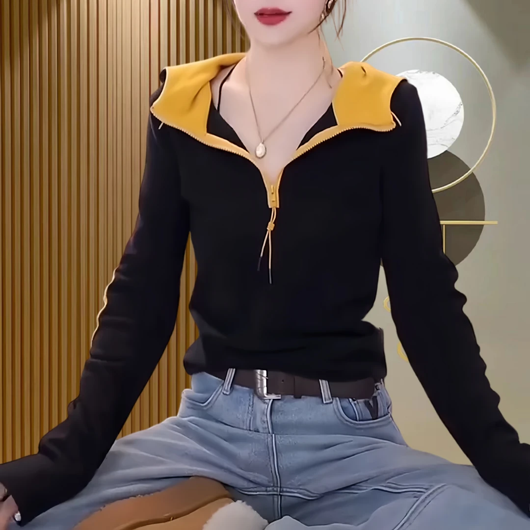 2025春季新款连帽拼色半拉链打底衫女洋气减龄设计感长袖显瘦上衣