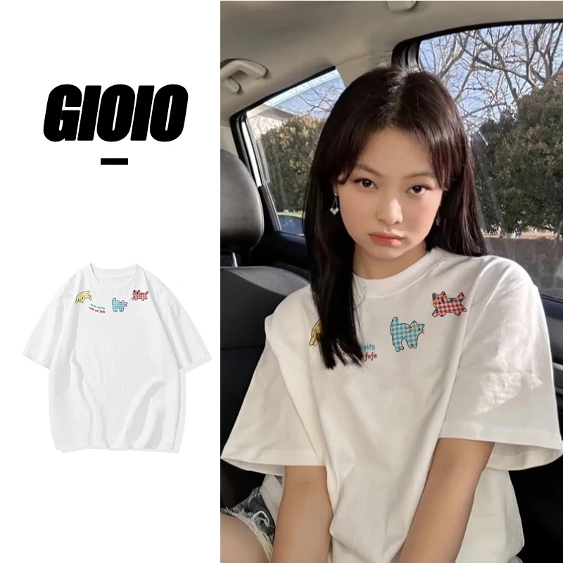 韩系欧若ins风穿搭夏季新款三只小猫印花圆领短袖女T恤上衣