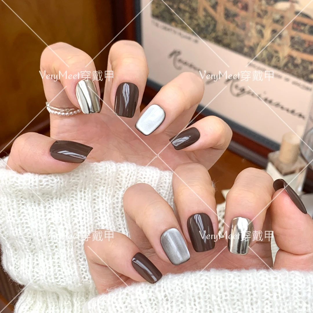 VeryMeet纯手工穿戴甲短方甲小众拼接猫眼纯色辣妹风y2k美甲125