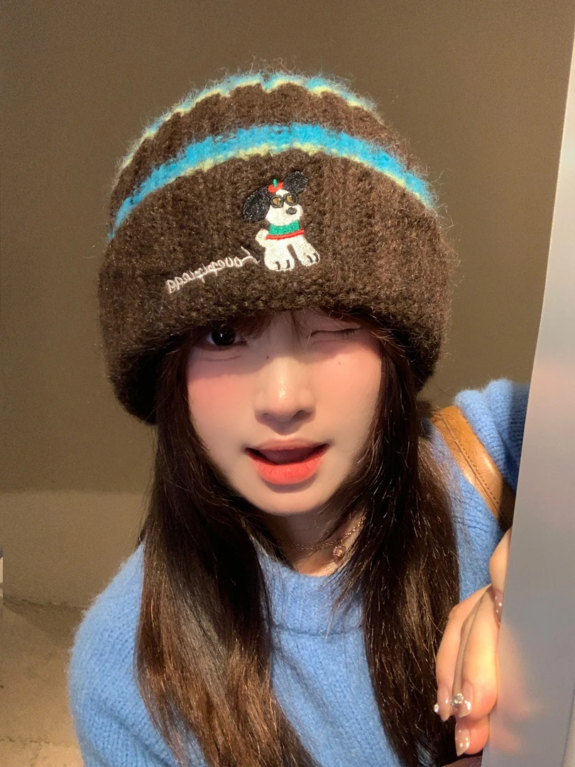 可爱条纹小狗宽松针织毛线帽子女秋冬保暖大头围显脸小包头堆堆帽