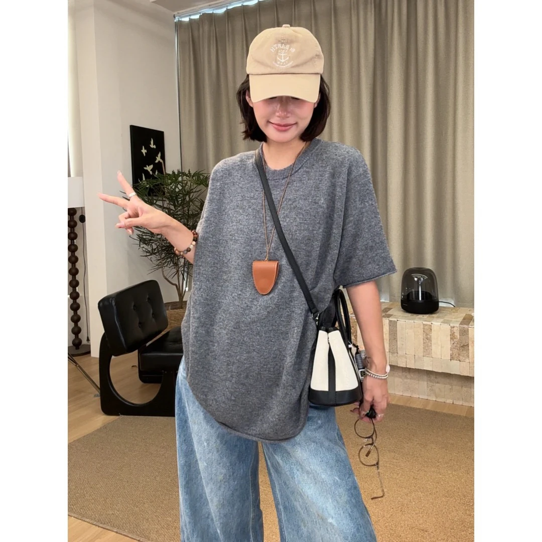 JOJO 早秋新品圆领休闲风纯色毛针织衫宽松上衣