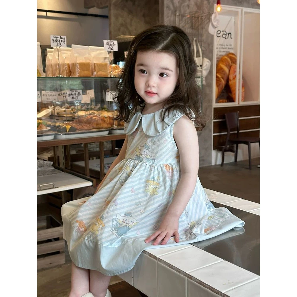 女童连衣裙2025夏季新款女宝宝条纹卡通印花甜美可爱娃娃领背心裙