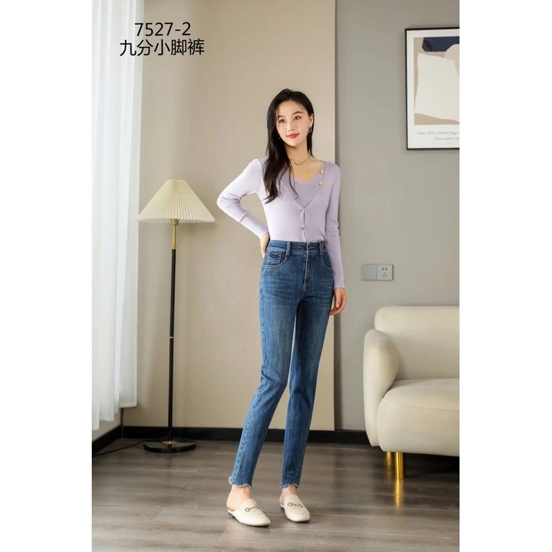 7527女士秋季新款小脚裤新款弹力牛仔裤女显瘦显高高腰裤百搭蓝色