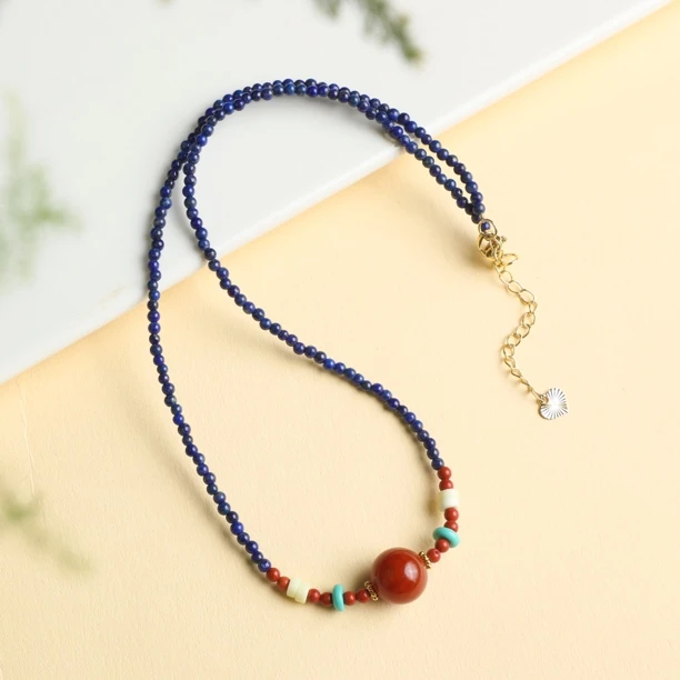 （桃）阿富汗天然原矿青金石项链搭配玛瑙（碎碎小米珠）