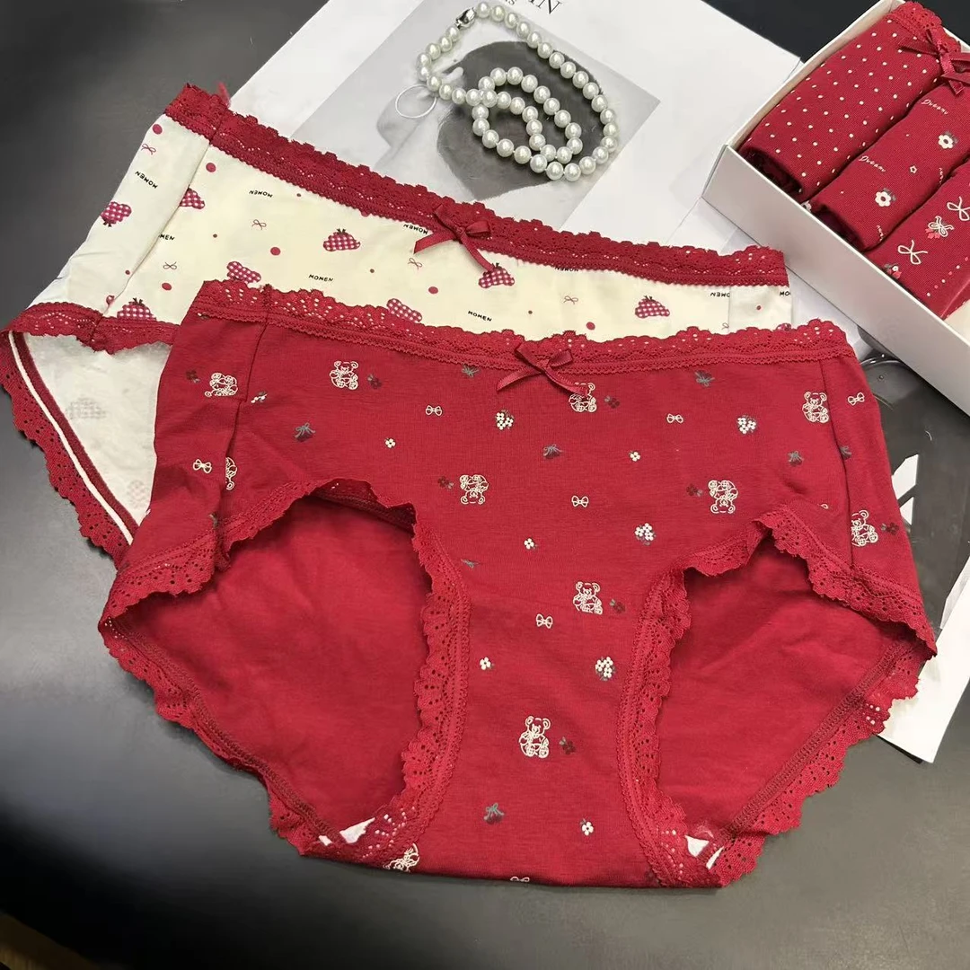5条装高颜值女士舒适亲肤印花棉本命年红内裤Y883
