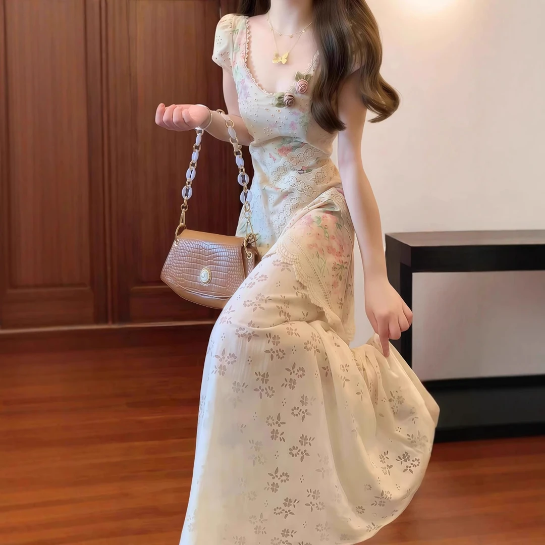高个子新中式法式碎花连衣裙女夏季新款长裙到脚踝超长款绝美裙子