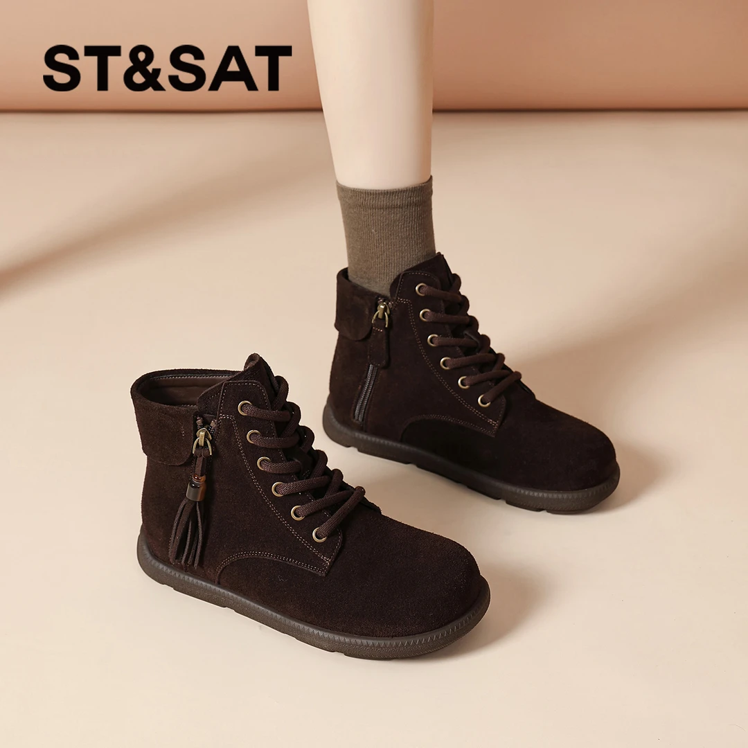 星期六美拉德短靴女款2025新款复古雪地靴加绒时尚流苏侧拉链棉鞋