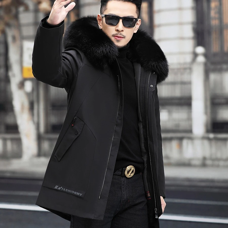 派克服男士狐狸毛领可拆卸中长款真皮内胆皮外套2025冬海宁