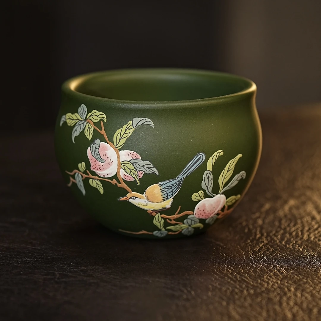 宜兴紫砂茶具 原矿绿泥泥料堆绘桃子小鸟主人杯品茗杯