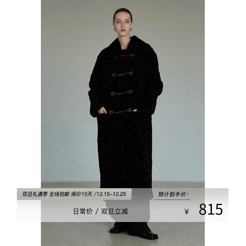 UNSPOKEN  黑色厚大衣牛角扣保暖冬款加厚毛呢中长款高级UC22D001
