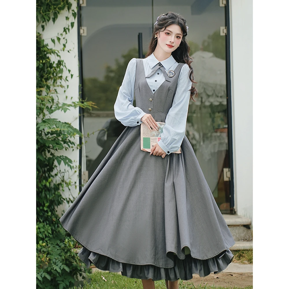春秋季复古文艺学院风假两件背心裙设计感学生衬衫修身连衣裙6598