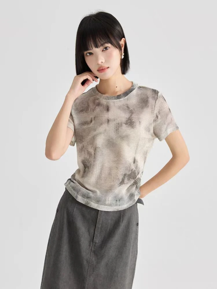 2025夏装新款时尚圆领山水画短袖T恤女+半身裙两件套-675