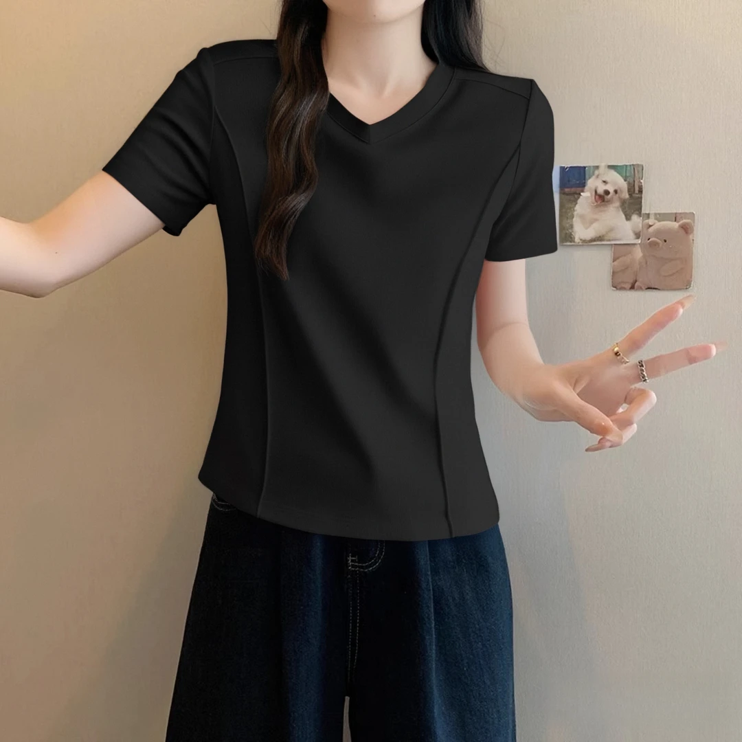 鱼骨上衣骨正肩短袖t恤女春夏修身设计感打底衫内搭显瘦低领上衣