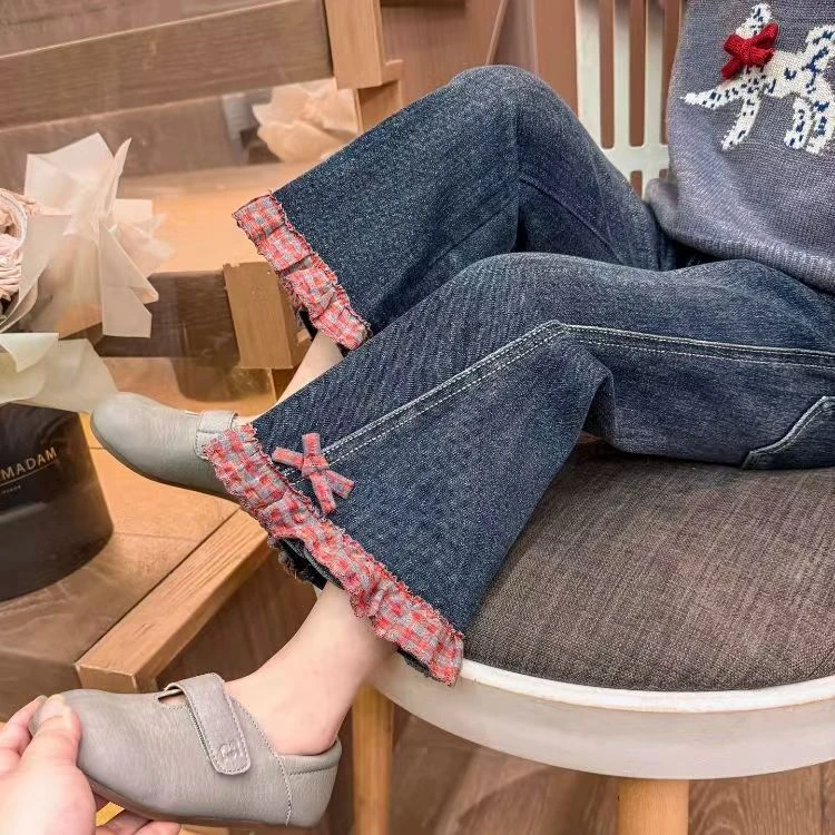 女童格子花边牛仔裤秋季2025新款儿童洋气时髦秋装百搭休闲喇叭裤