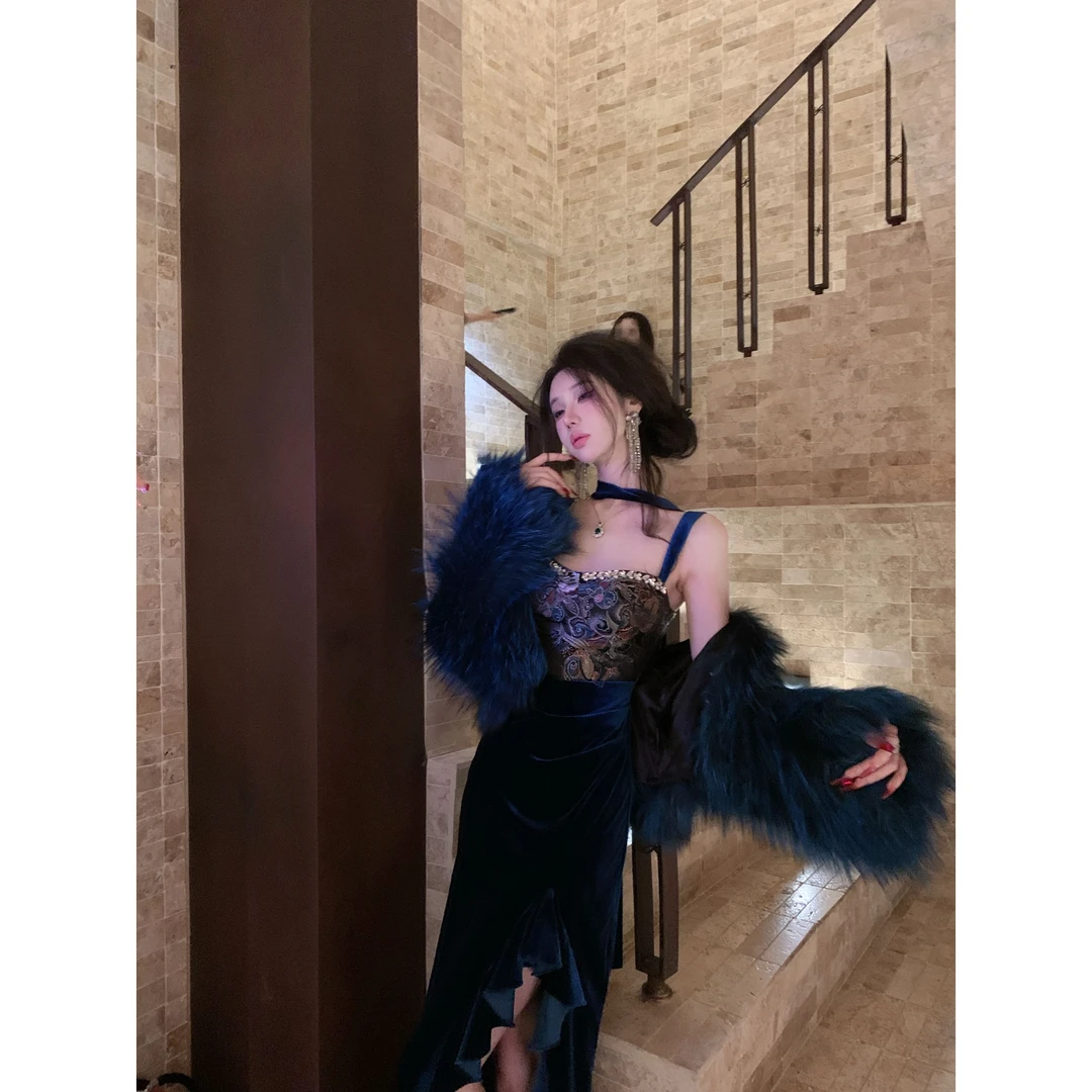 【雅乔定制】孔雀仙子 提花丝绒吊带连衣裙DYYK-24092023