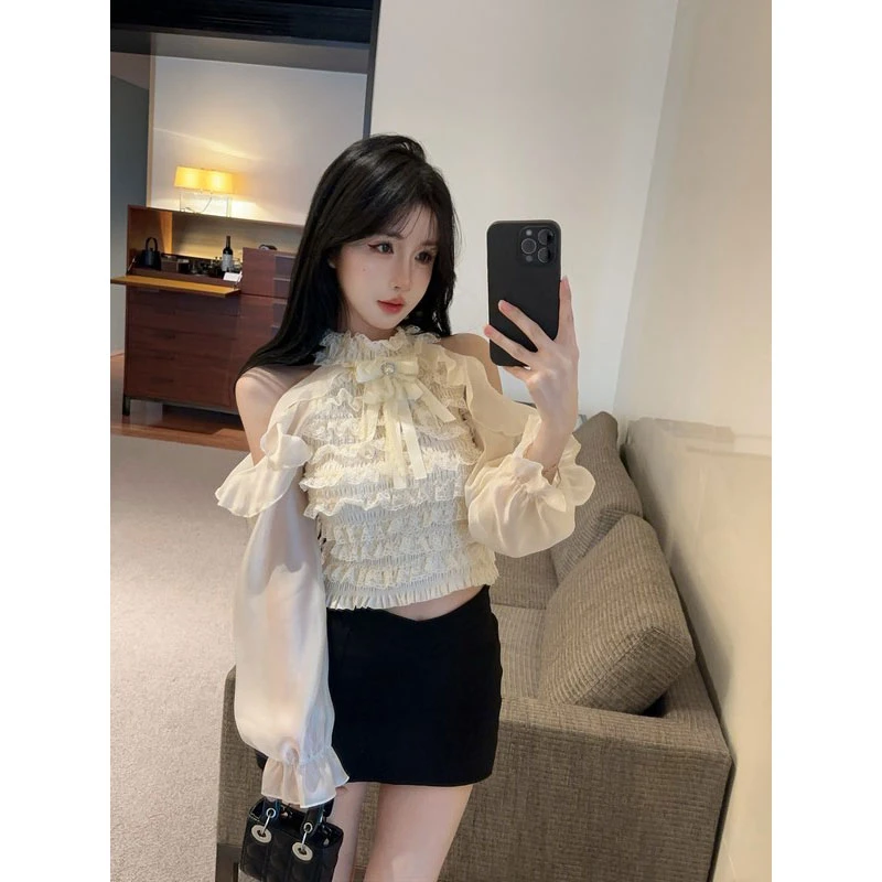 2025秋季新款法式蕾丝花边挂脖长袖衬衫露肩上衣修身百搭裙裤套装
