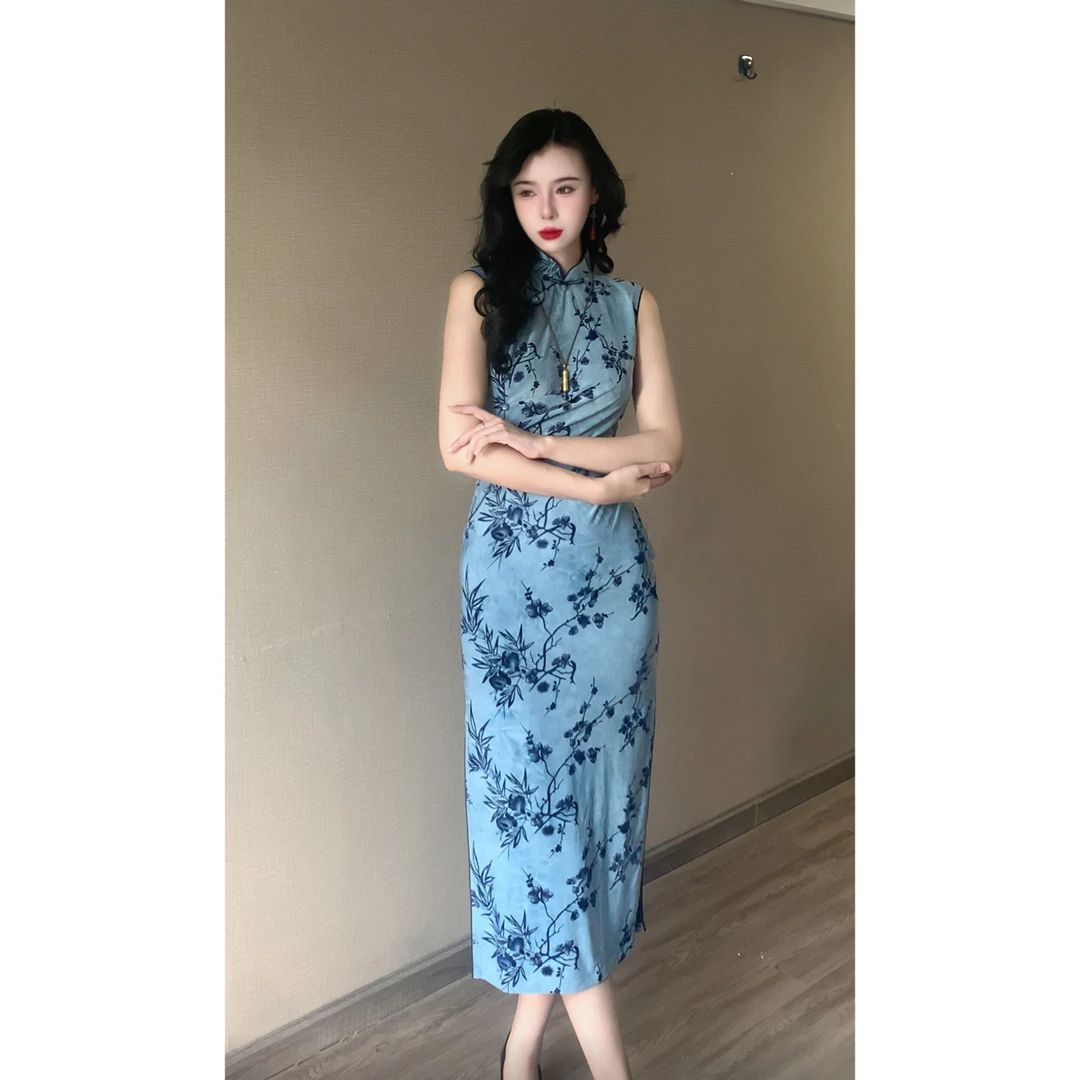 【落花谣】玉簪记旗袍夏季无袖浅蓝色日常显瘦显白气质高级感旗袍