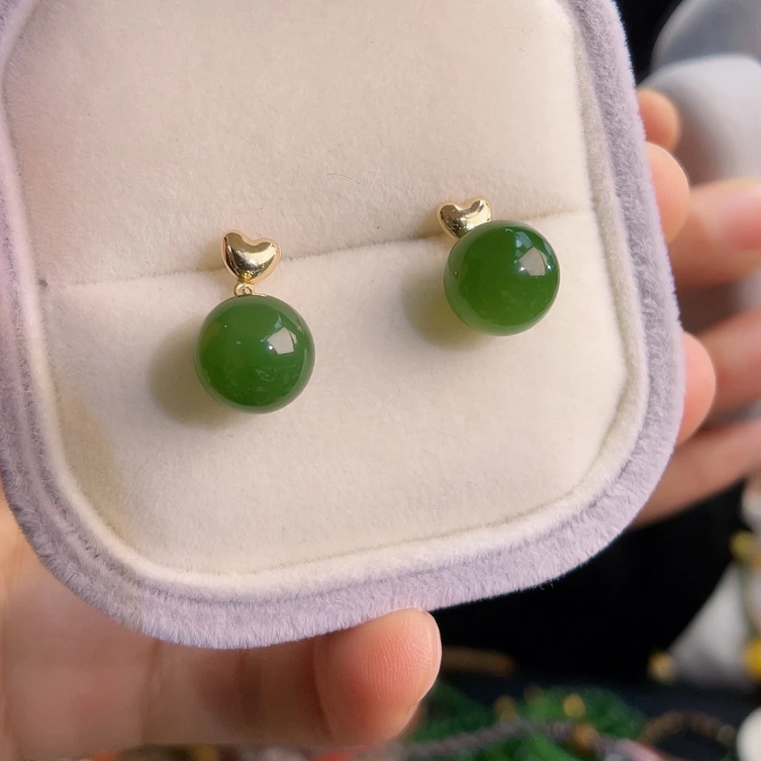 和田玉18K金镶嵌耳饰