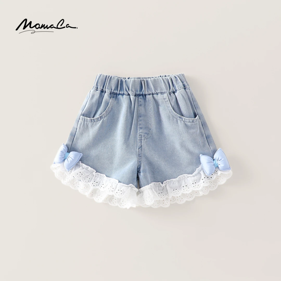 MOMOCO夏季款女童甜美蝴蝶结花边牛仔短裤77630353001
