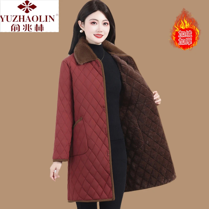 俞兆林妈妈冬装加绒加厚棉衣外套中老年人洋气保暖棉服中长款格子