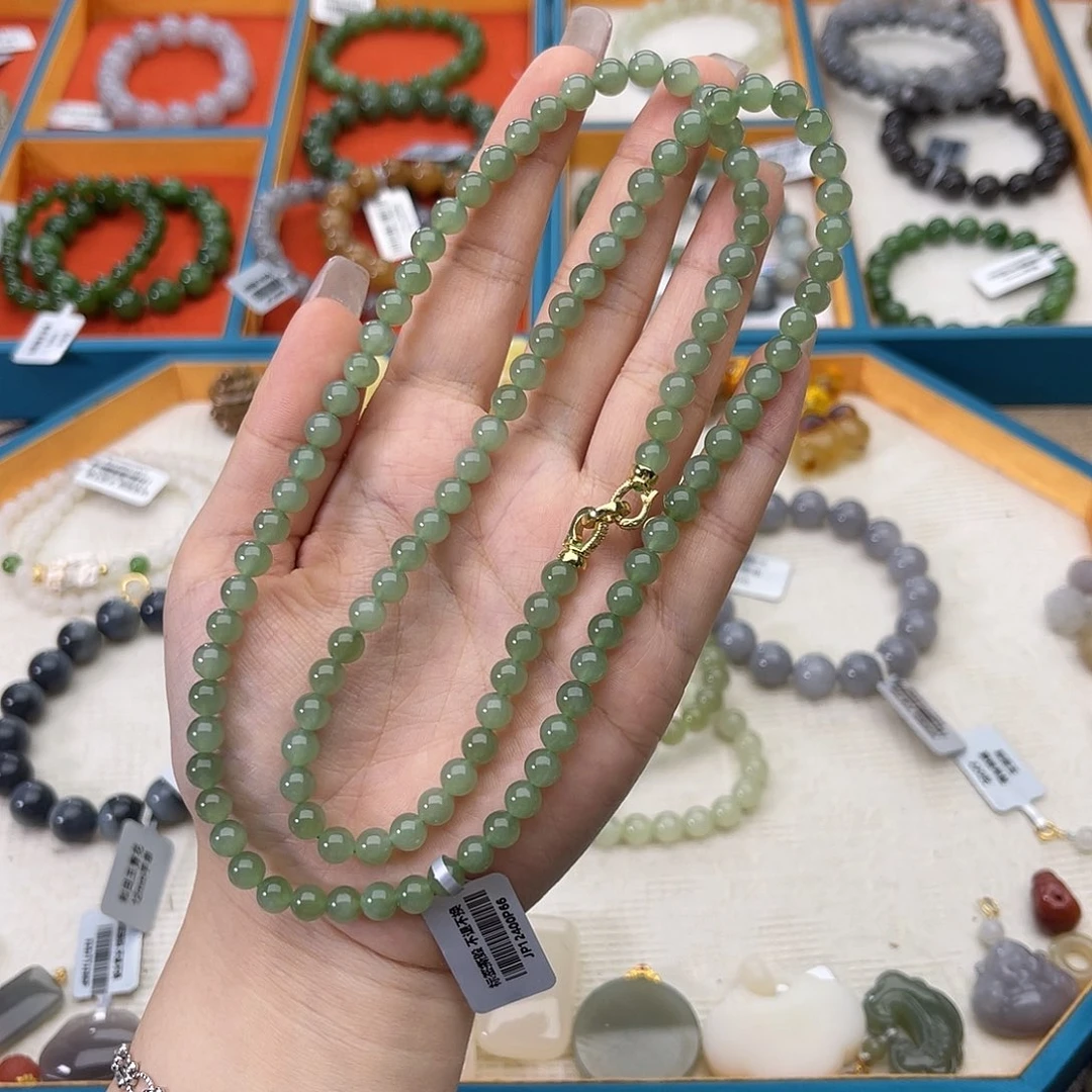 和田玉未镶嵌手串w55粉青猫眼6mm108