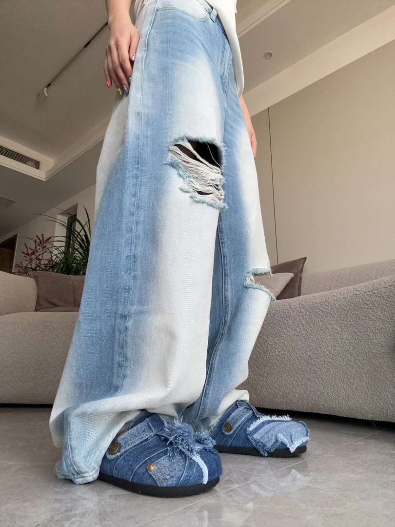 舟舟【破洞渐变牛仔裤】裤子休闲时尚潮流百搭宽松潮牌