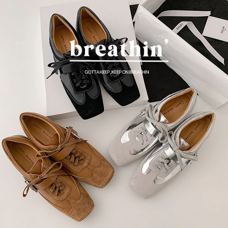 4293/设计感复古方头芭蕾舞鞋系带单鞋