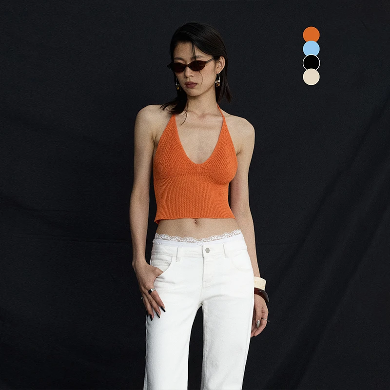 ourhour 串珠系带 橘色V领挂脖露背针织短背心 女夏季多巴胺吊带