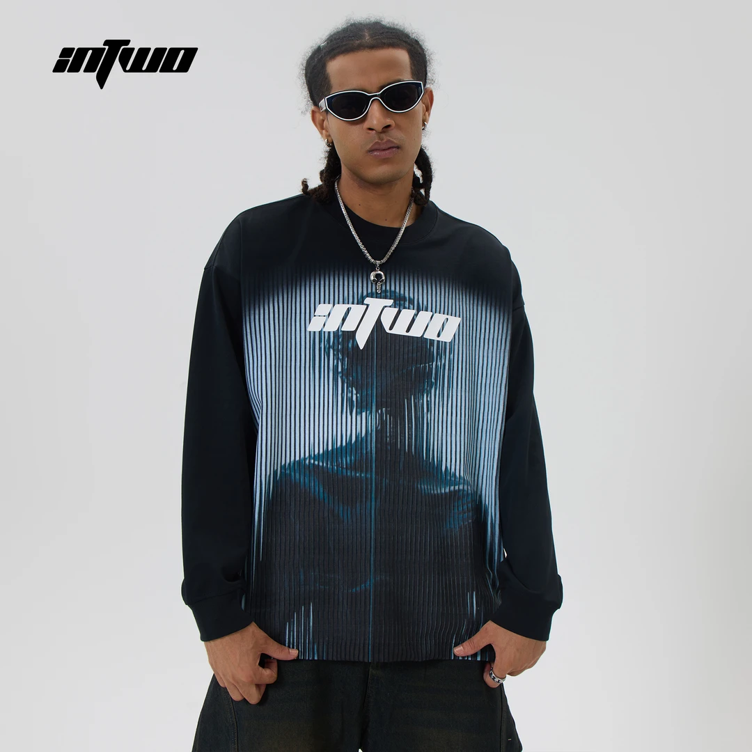 IN TWO/硬涂美式重磅朋克风超现实未来百搭宽松休闲圆领长袖T恤